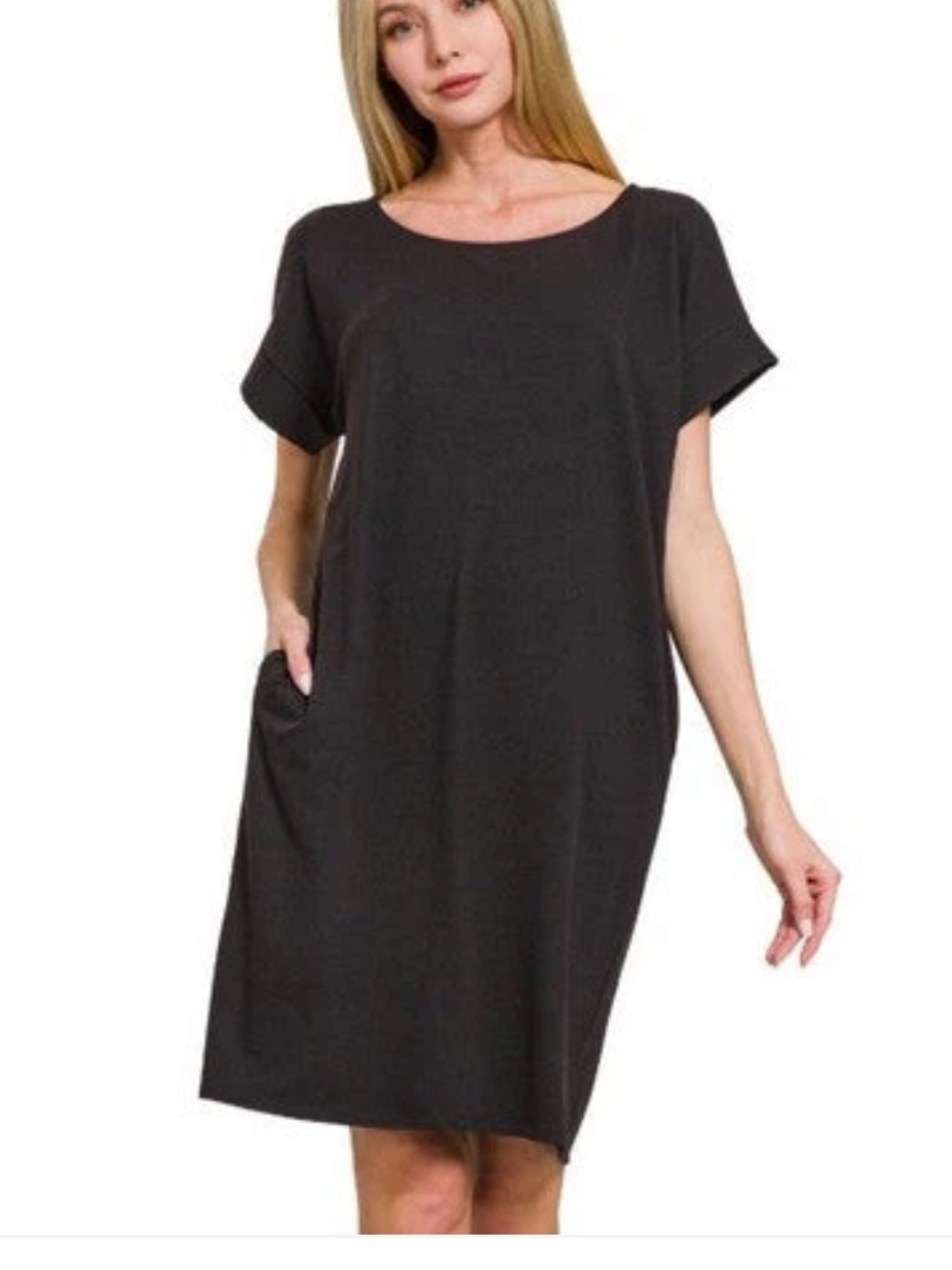 NWOT Zenana relaxed fit rolled sleeve Dress With Pockets in Black size small